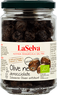 Dunkle getrocknete Oliven al forno, ohne Stein