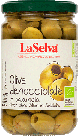Bild: Grüne Oliven in Salzlake, ohne Stein